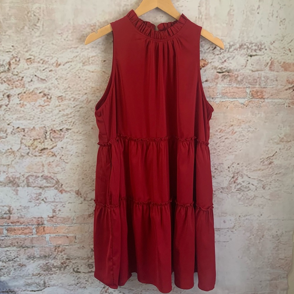 Sleeveless Tiered Ruffle Neck Dress - Deep Wine
